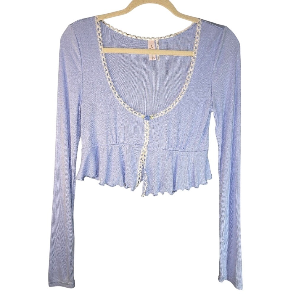 Out From Under Pastel Blue Lace -Trim Crop Top Long Sleeve Cottagecore Baby Tee